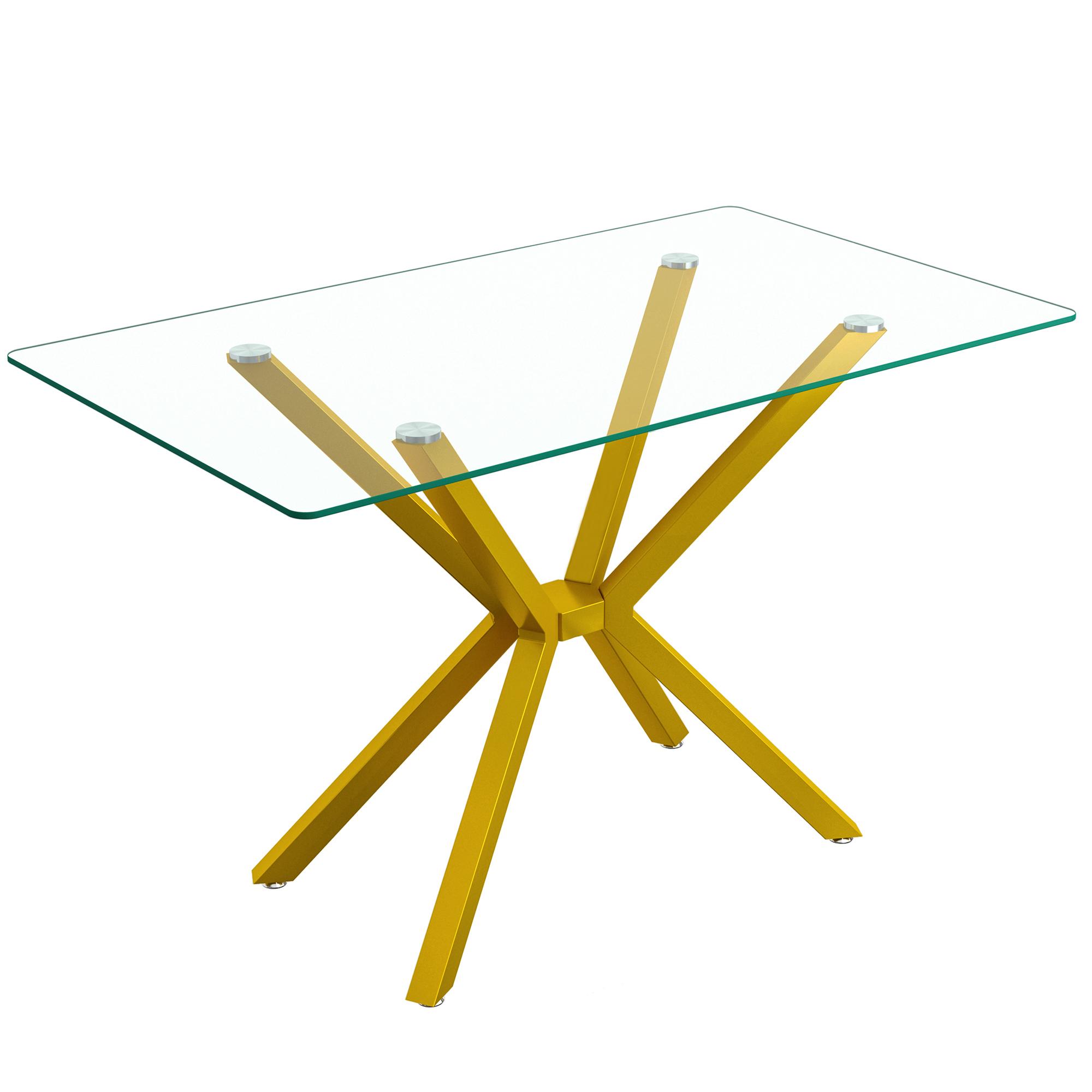 47.2" Rectangular Glass Dining Table, Tempered Kitchen Table with Gold Metal Legs, Modern Dinner Table for Kitchen Dining Room