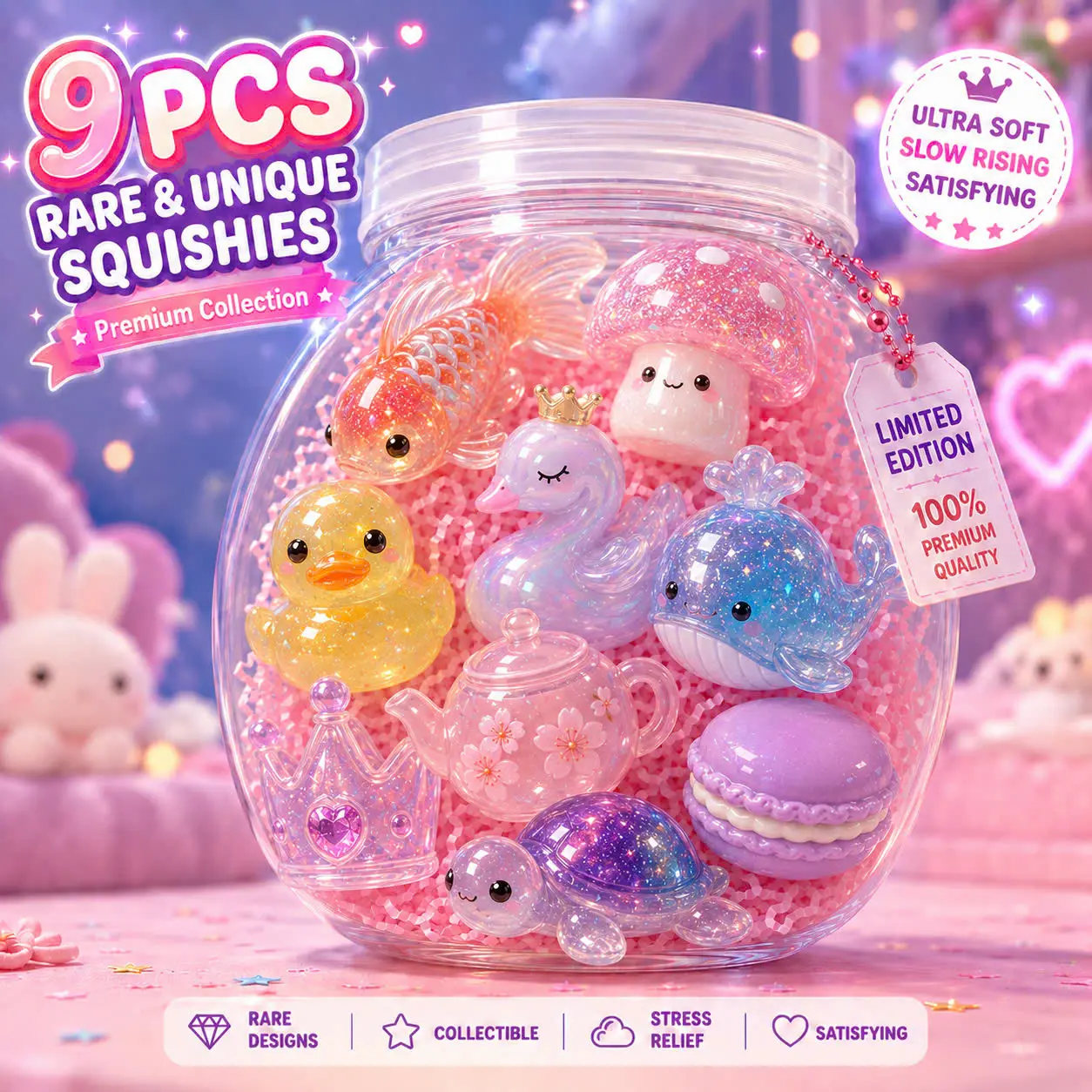 9-Piece Blind Squishy Jar Set – Soft Sensory Stress Relief Toys with 60 oz Storage Jar