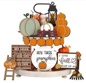 1 Set Fall Tiered Tray Decor Set Autumn Pumpkin Leaves Rustic Farmhouse Decor Thanksgiving Fall Decor Autumn Harvest Decorative Trays Wooden Tabletop Signs for Home Kitchen (Rustic Style) Eye Halloween