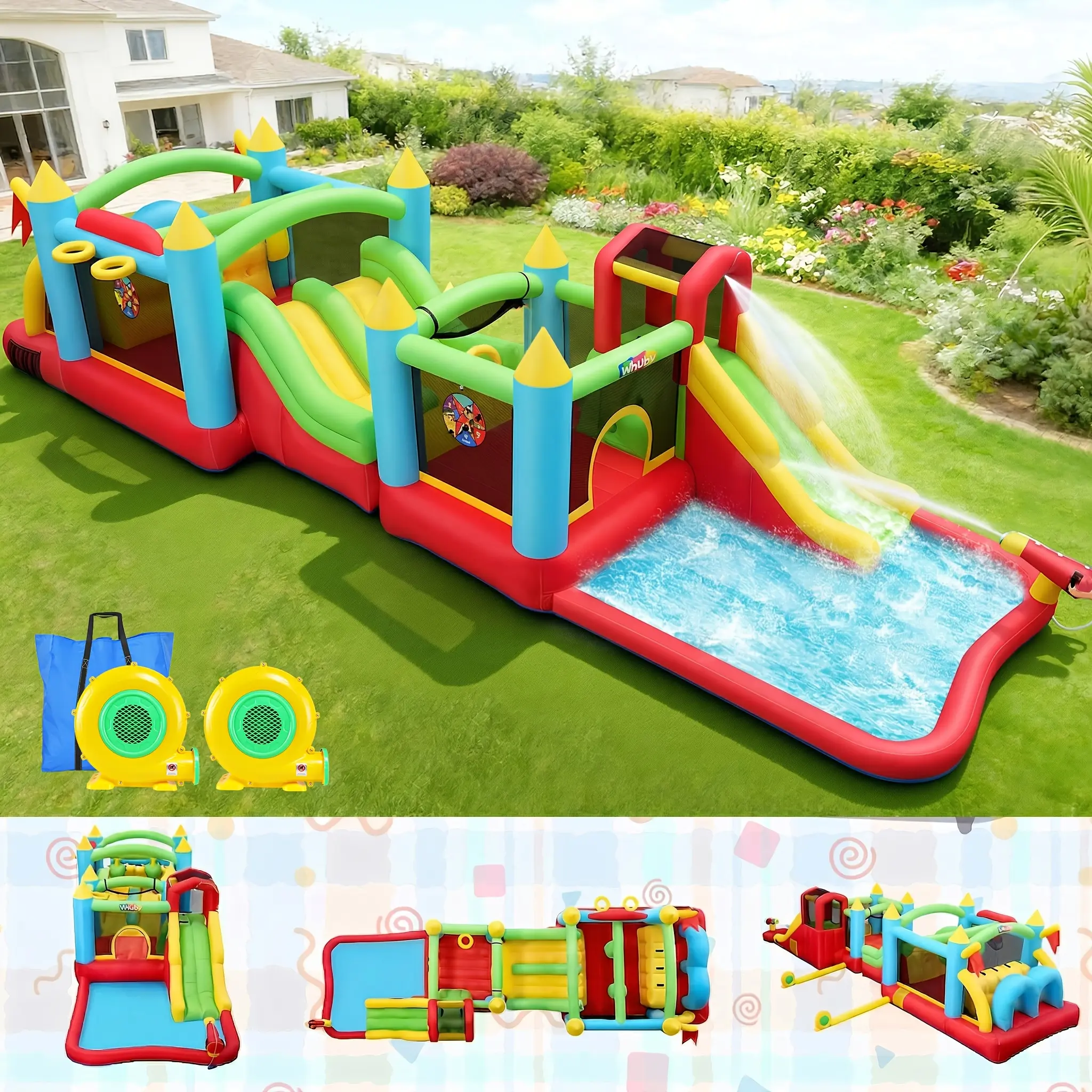 Mega Inflatable Pool Water Slide with Obstacle Course/Long Slide/Jump Area/ 2 X Blower, Enormous 29FT Water Park with Basketball Hoops, Climbing Wall, Splash Pool/Ball Pit, Water Slide for Home Summer Fun