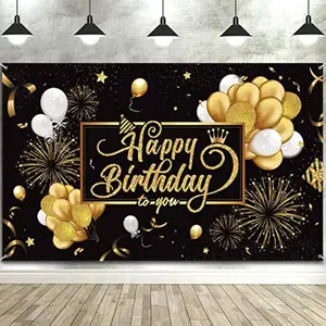 Large Gold Glitter Happy Birthday Banner Backdrop, Sparkle Fabric Poster for Birthday Party Decorations, Perfect for Photo Booth Props & Wall Hanging Tapestry with Fireworks Print