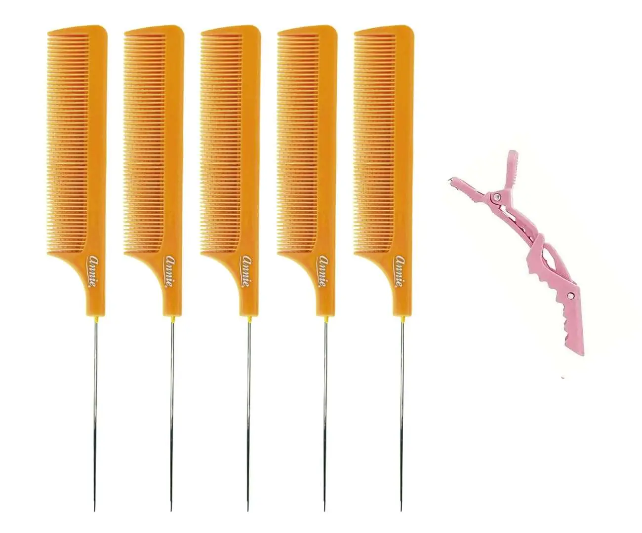 Rat Tail 5pcs Stainless Steel Pin Tail CombS Anti-static Heat Resistant Fine-Tooth Sectioning Parting Styling Locking Hair Loc Comb & an Alligator Hair Clip (5 pcs Honey Orange) (Amazon)