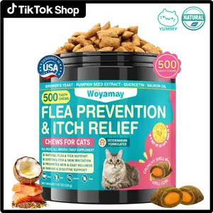 Woyamay Flea & Tick Support | Itch Relief for Cats, 500 Crunchy Cat Flea & Itch Protection, Cat Itchy Skin & Coat Care Chewables with Salmon Oil Multivitamin Reduce Licking Scratching Swollen Chicken Flavor
