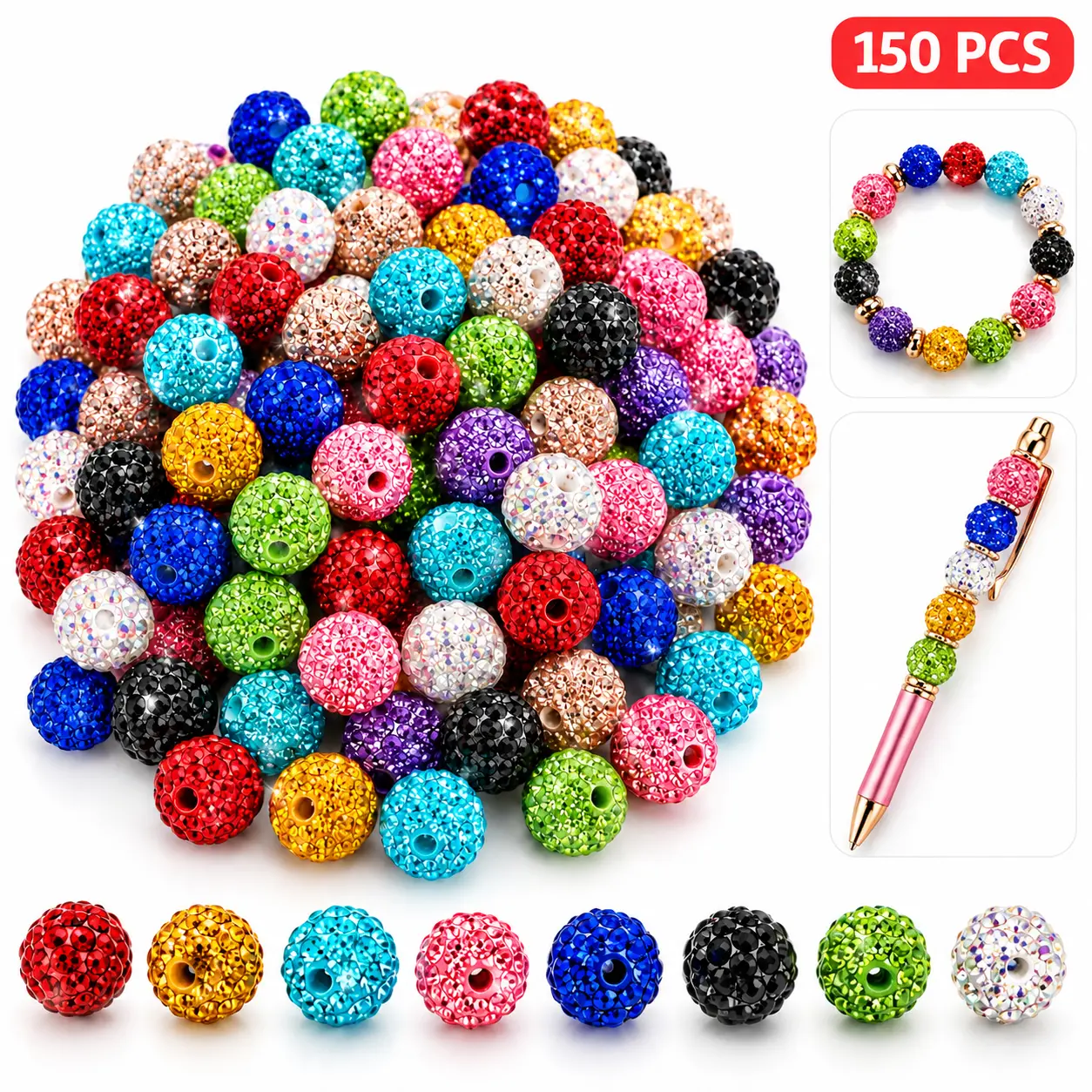 150PCS 10mm Rhinestone Pave Beads Mix, Sparkly Round Disco Ball Beads for Beadable Pens, Bracelets, Keychains & DIY Crafts