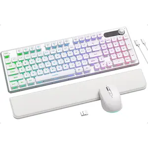 Keyboard and  Combo - 9 Backlit Effects, Wrist Rest, Double-Shot Keycaps, Metal Panel, Long-Lasting Rechargeable, 2.4G Keyboard  Set for Windows  PC Laptop -  (White)