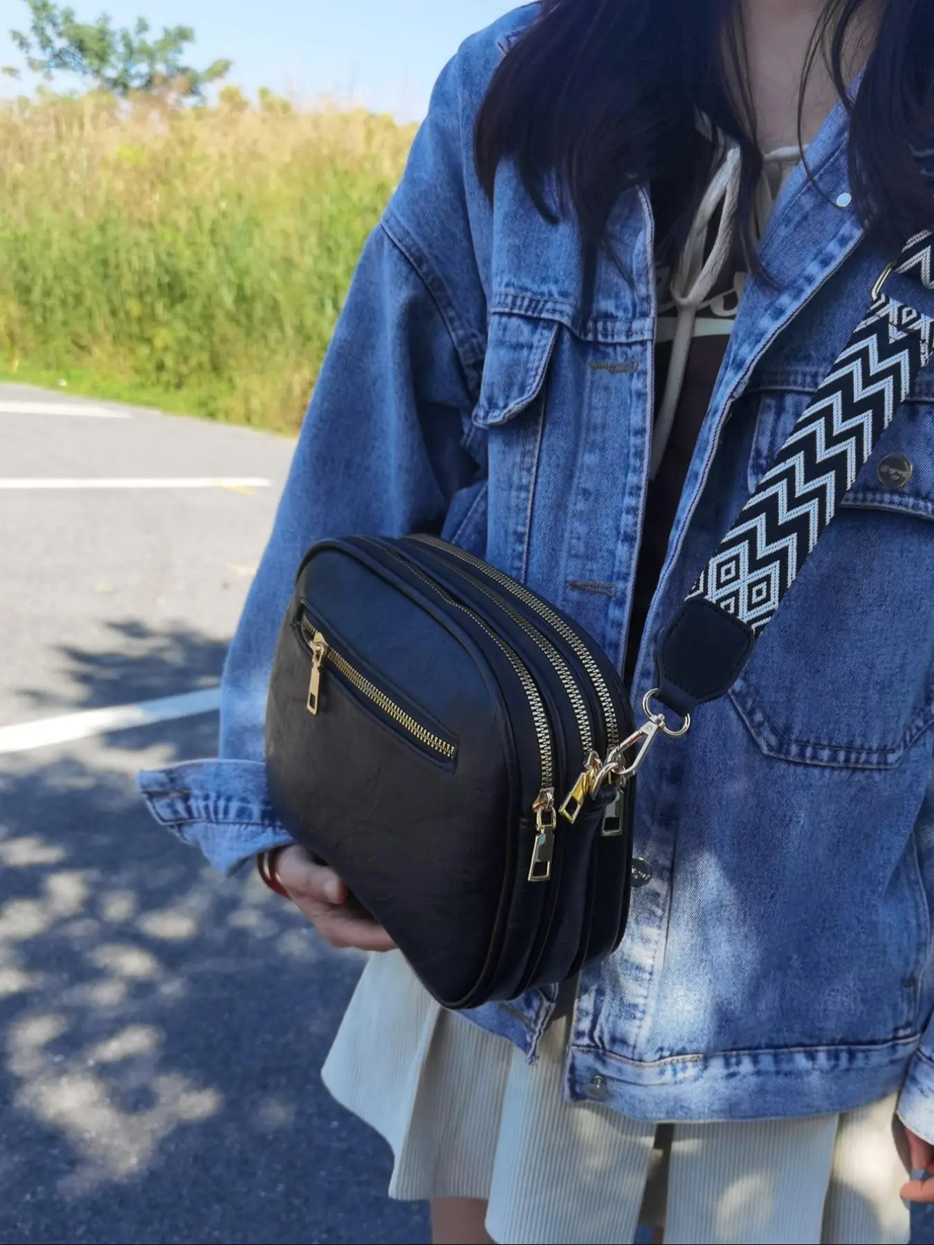 Women's Summer Elegant Minimalist Zipper Crossbody Bag, Trendy PU Leather Crossbody Bag with Ethnic Pattern Strap, All-match Work Bags for Women for D