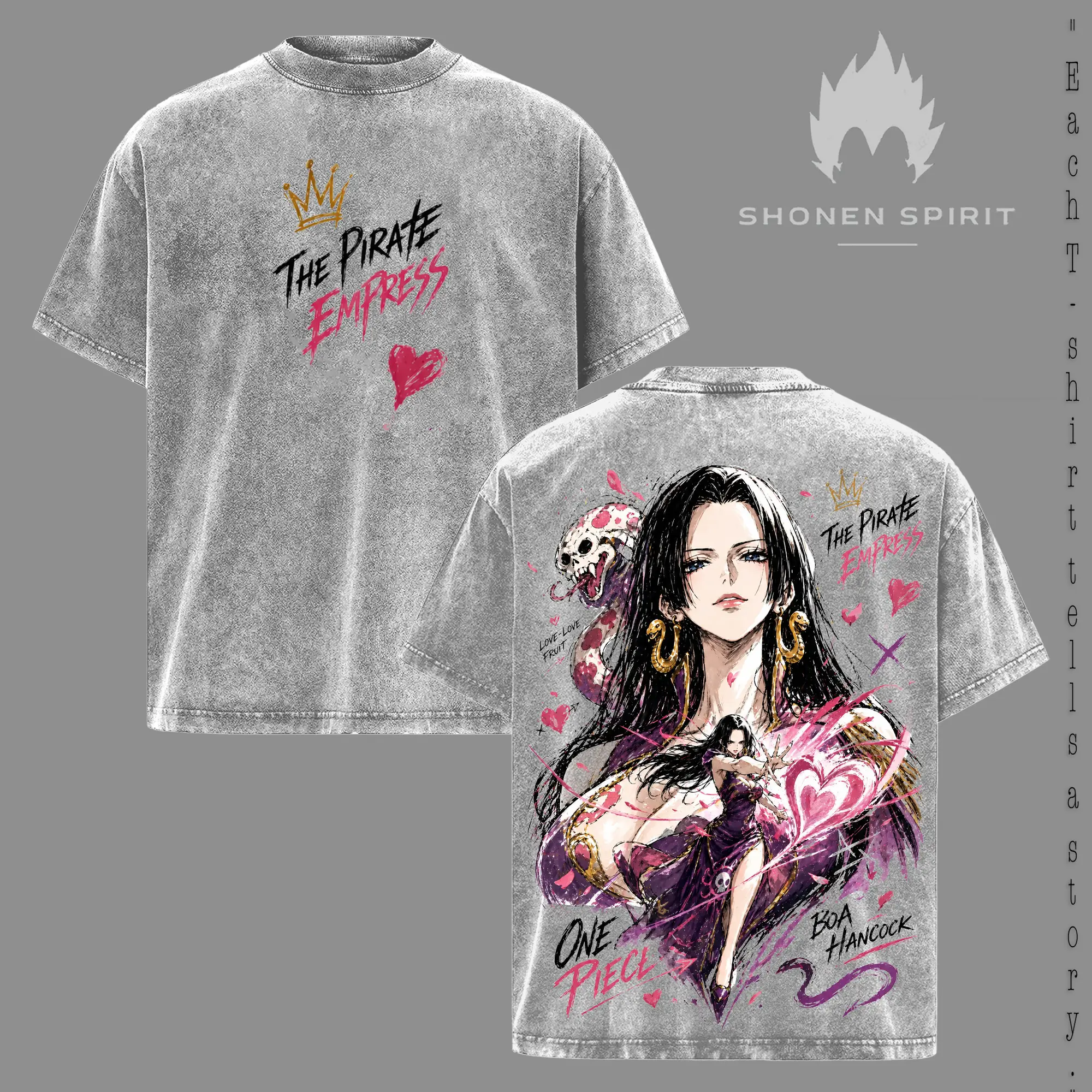 Boa Hancock – One Piece Vintage Washed T-Shirt, Pirate Empress Anime Graphic Tee, Love Love Fruit Design Oversized Heavyweight Cotton Streetwear