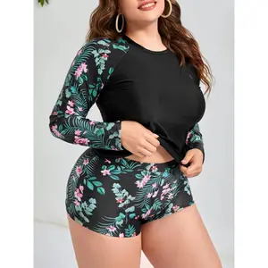 Plus Size Two-Piece Set Tropical Print Swimsuit Set, Boho Raglan Sleeve Swim Tee & Swim Shorts, Women's Swimsuit for Beach Vacation, Tankini Bathing Suits