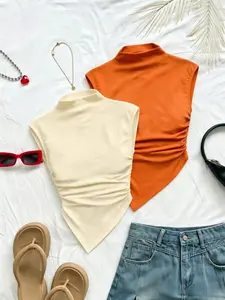 Women's Solid Color Sleeveless Half High Neck Top, Side Pleat Asymmetric Hem Slim Fit Vest Two-Piece Set, Fashionable Ladies' Womenswear Casual Asymmetrical