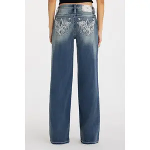 Miss Me Taliah Wing Mid-Rise Denim Bottoms - Y2K 90s Inspired Vintage Wash, Clean Girl Wide-Leg Silhouette, Leg-Lengthening Proportions, Women's Pocket Pants