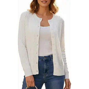 Lightweight Cardigan Sweaters - Classic Cable Knit Button Down Crew Neck Long Sleeve Soft Knitwear Tops