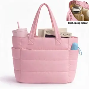 Quilted Down Bags 20L Puffy Quilted Tote Bag for Women, Lightweight Bubble Nylon Laptop Shoulder Bag with Multiple Compartments for Work, Travel, and College