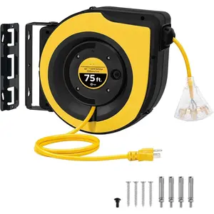 Retractable Extension Cord Reel, 75 FT Heavy Duty Cord Reel, 14AWG/3C SJTOW, 3 Grounded Outlets Lighted Triple Tap, 10A Circuit Breaker, Wall/Ceiling Mounted, UL Listed, Yellow Y75CR06