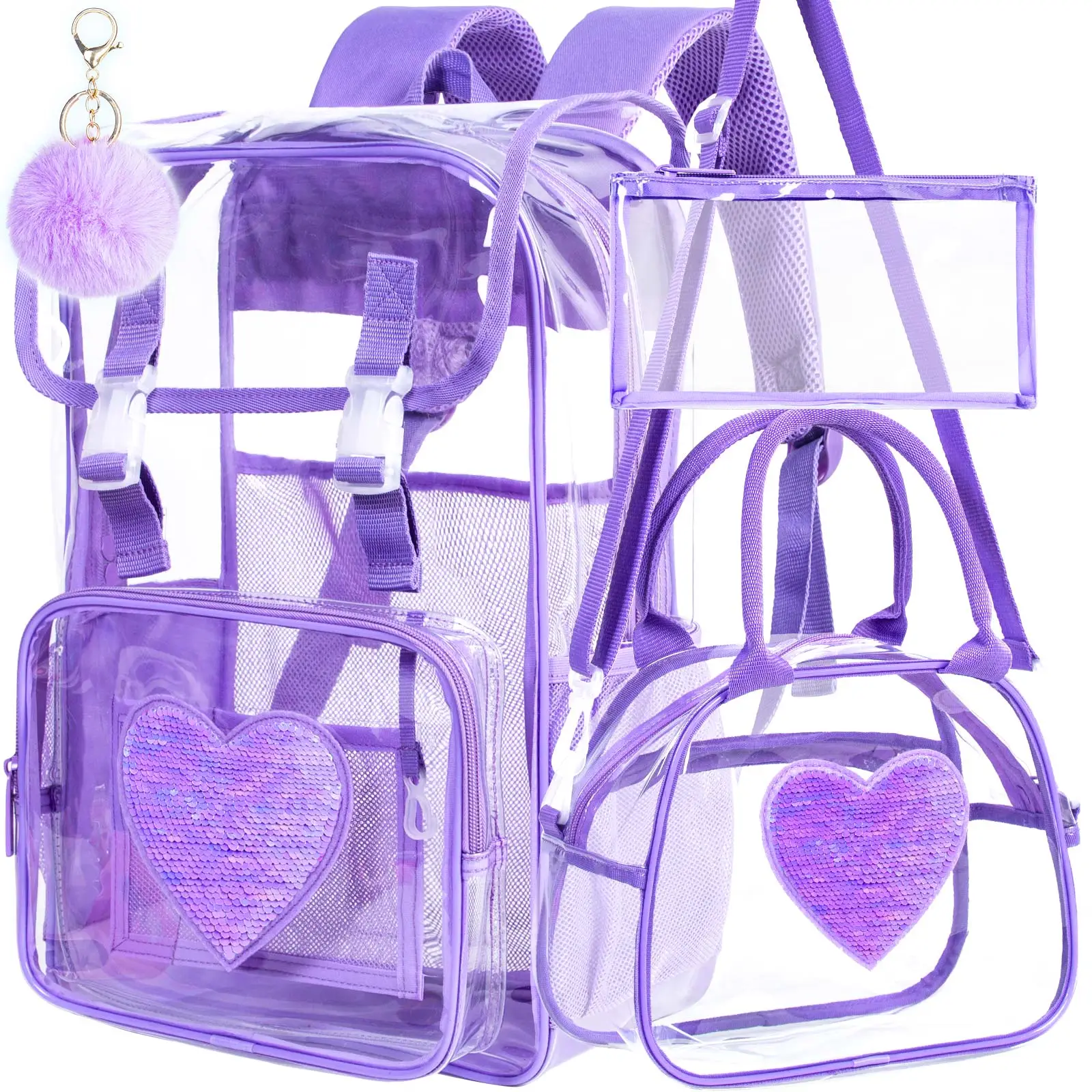3PCS Clear Backpack, Heavy Duty Transparent Bookbag for Girls Women, Stadium Approved See Through Backpack Set (Purple Sequins)