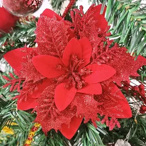 15 count Christmas  Artificial Poinsettia Flower Decorations with Clips and Stems, Glitter Christmas Poinsettia Decorations, Christmas Tree Ornaments for Party Wreath DIY(Red)