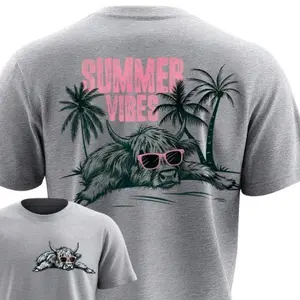 Summer Vibes Beach Highland Cow Graphic Tee  Streetwear Top Casual Tshirt