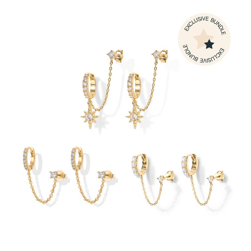 PAVOI 14K Yellow Gold Plated Double Piercing Chain Huggie Earrings Set for Women - Cubic Zirconia Chain Earrings Pack - TikTok Set