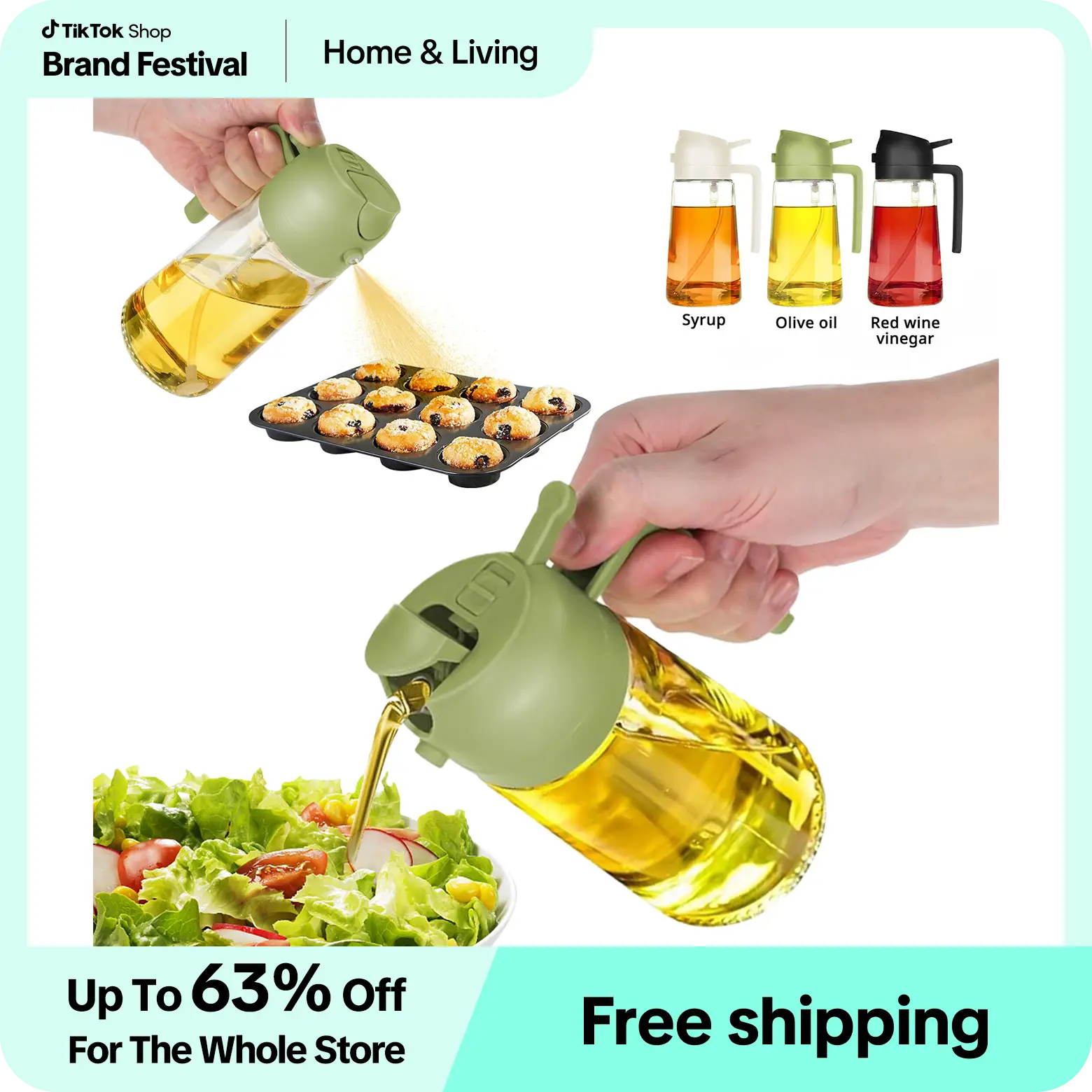 KitExpert Viral Pour & Spray 2-in-1 Oil Dispenser Glass Bottle For Kitchen, 16oz Oil Spray Bottle, Olive Oil for Cooking, Kitchen Accessories For BBQs