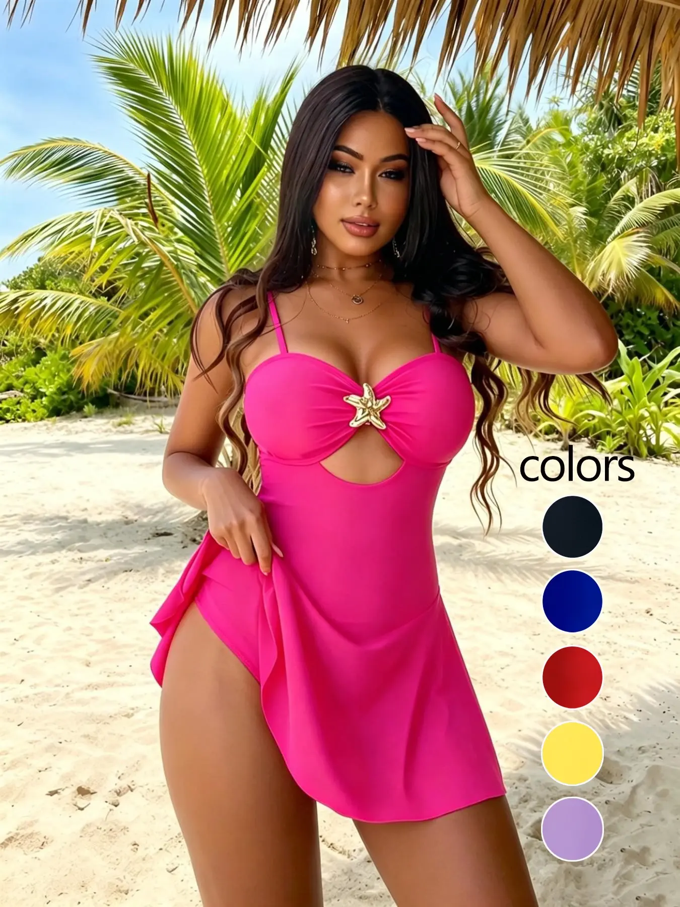 Women's Sea Fancy New Style Thin Strap Hollow Out Starfish Metal Decoration Slim Fit Cut Out Swimsuit, Perfect for Beach & Pool