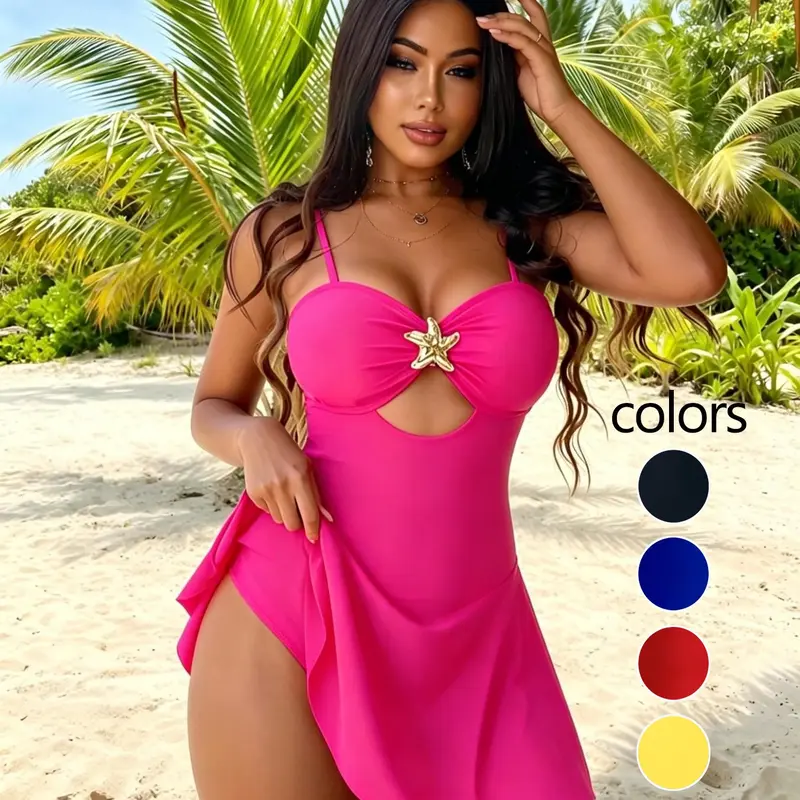 Women's Sea Fancy New Style Thin Strap Hollow Out Starfish Metal Decoration Slim Fit Cut Out Swimsuit, Perfect for Beach & Pool, Sea Fancy Swimsuits, Elegant Bathing Suit, Hollow Out Swimwear