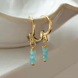 Blue Gemstone Drop Earrings Gold Filled Huggie Hoop Earrings Blue Crystal Bead Dangle Earrings Gold Dainty Jewelry Gift for Bridesmaids
