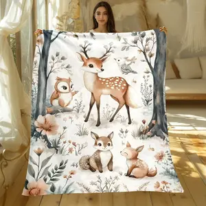 Watercolor Woodland Forest Animals Baby Gift Soft Cozy Flannel Blanket Cute Deer Fox Owl Print Plush Throw Warm Fuzzy Nursery Crib Bed Sofa Blanket Perfect Baby Shower Birthday Gift for Newborn Toddler Kids Boys Girls Home Decor