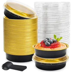 8 OZ Mini Cake Pans Disposable Ramekins with  Round  Mini Foil Cake Tins Baking Pans for Party Wedding Pudding (Black , 25 Pack)