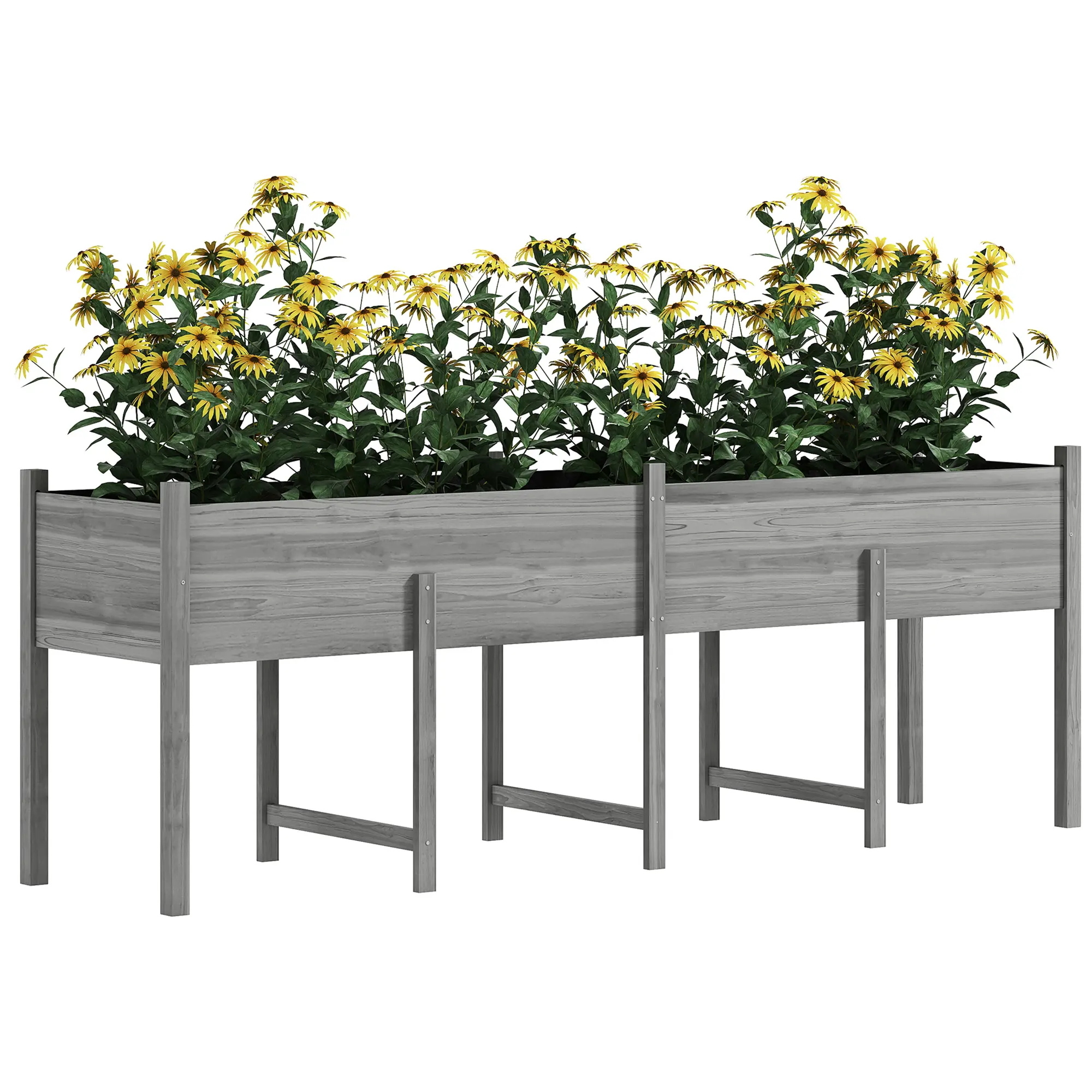 Outsunny Wooden Raised Garden Bed with Bed Liner and Drain Holes, Large Elevated Planter Box with Legs for Vegetables Flowers Herbs, Outdoor and Indoor, 7.4' x 1.8' x 2.6', Gray