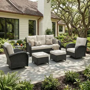LayinSun 6 Pieces Patio Outdoor Conversation Set, Wicker Furniture Set with Swivel Chairs and Ottomans 7-Seat, Multiple Packages summervibes