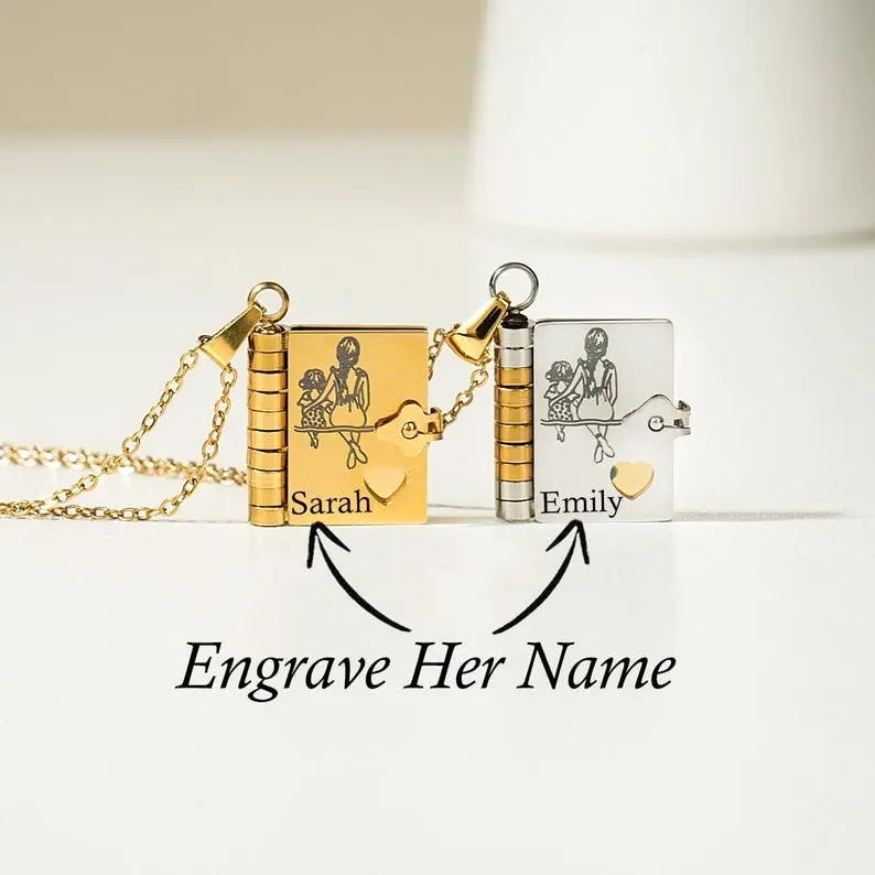 AS296 Customized Cover, Name, Book Pendant, Engraving Content Can Turn Pages, Mother and Daughter Necklace, Birthday Gift for Daughter