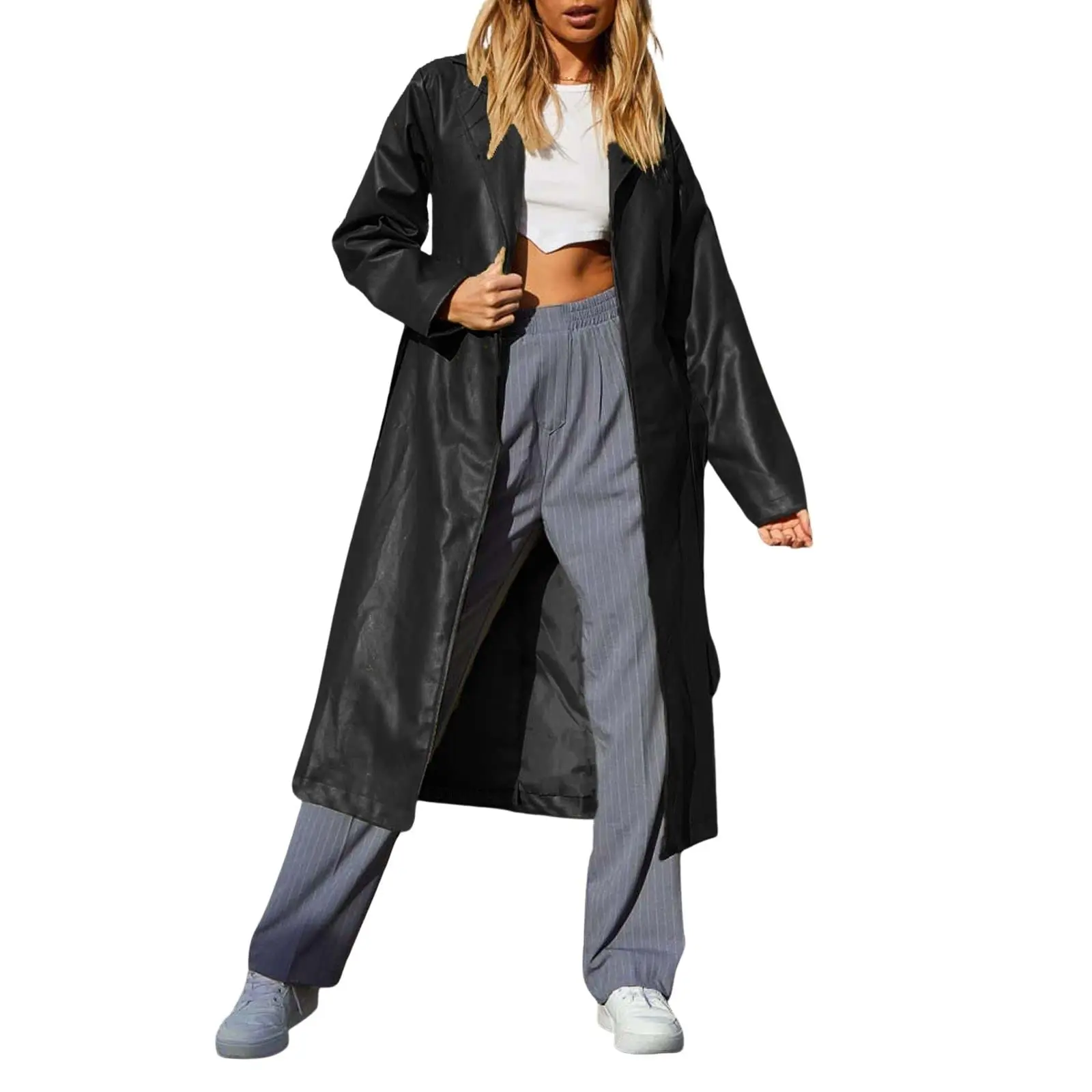 CHOUYATOU Women's Retro Faux Leather Jackets, Long Sleeve Belted Knee-Length Trench Coat with Pockets