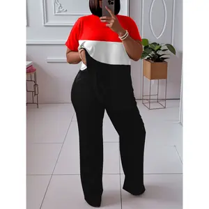 Plus Size French Stripe Two Piece Set Short Sleeve Top And Wide Leg Pants Casual Chic Outfit Halloween And Christmas Gift