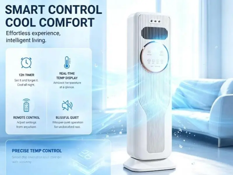 Vertical Blade-Free Rotatable Cool Heat Tower Fan, Ice Adding Cooling Structure With Optimized Wind, Remote Control All Working Gears, Quiet Indoor Fan For Apartment Bedroom