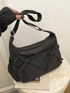 High-End Texture Large Capacity Plaid Design Bow Decor Bag, Shoulder Crossbody Suitable for Work and Daily Use