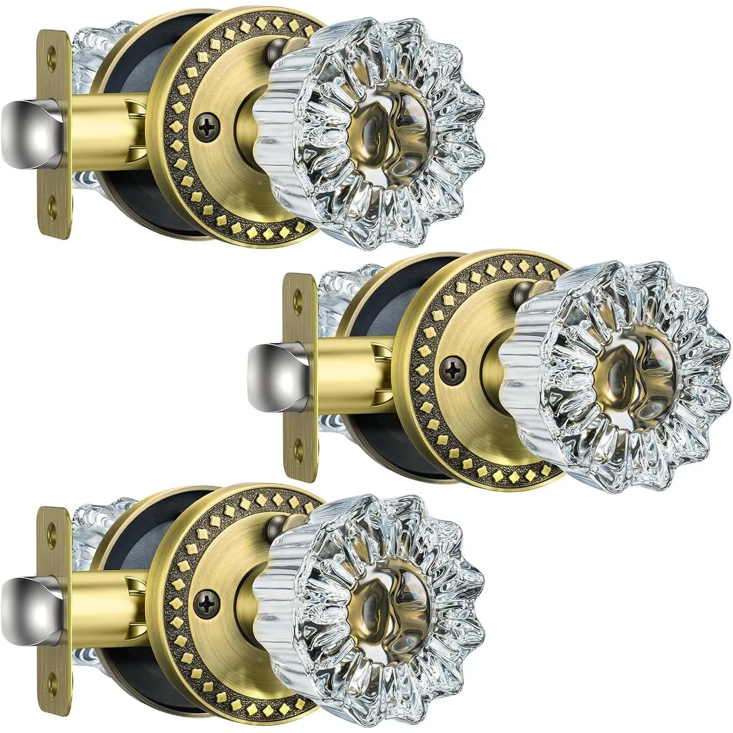 3-Pack Knobs: Privacy Crystal with Lock, Antique Brass, Vintage