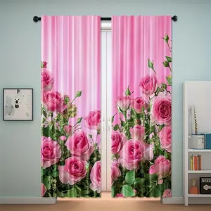 2pcs Rose Curtains Rod Pocket, Window Curtain, Romantic Floral Drape for Bedroom, Living Room, Girly Home Decor, Contemporary Style