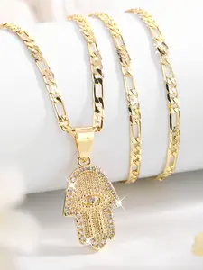 Fashion 14k Gold Plated Hamsa Hand Evil Eye Pendant Necklace, Zircon Fatima Hand Fidel Chain, Unisex Lucky Guardian Jewelry