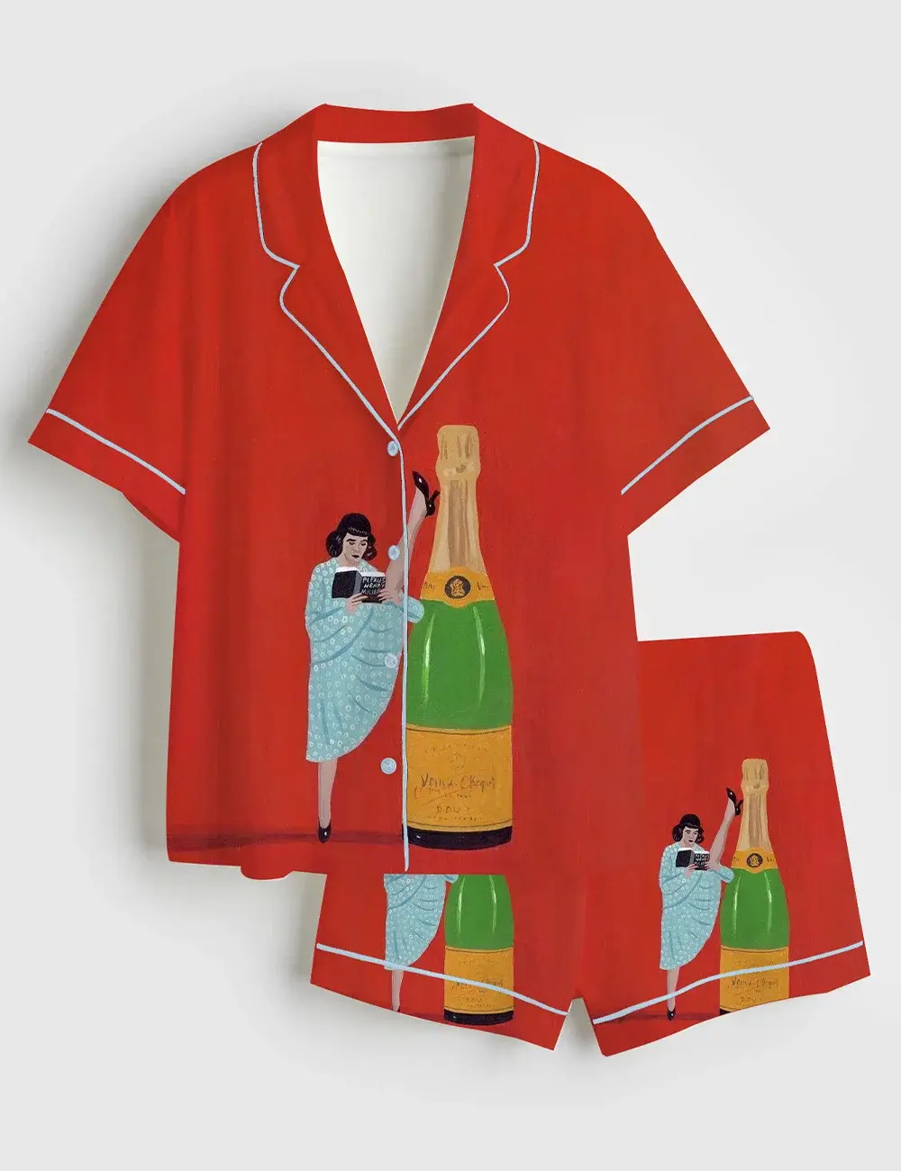 A Girl Reads A Book And Drinks Champagne Short And Long Sleeve Pajama Set, Sleepwear for Women
