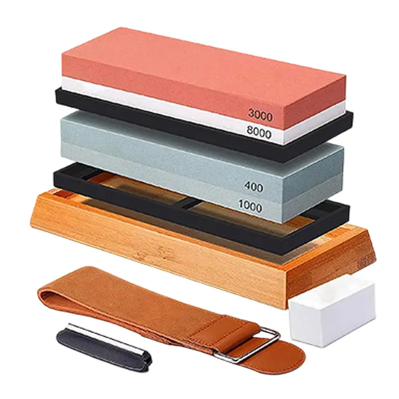 Professional Rectangular Knives Sharpener Multi-Grit Wet Stone Set - 4 Grit (400/1000/3000/8000 Fine Finish), Bamboo Base, Angle Guide, Sandpaper - Premium Kitchen Gadget for Home Chefs