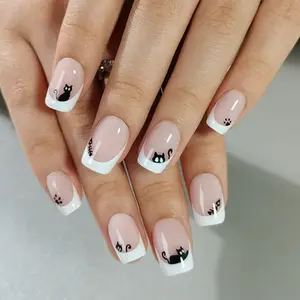 Cat Fish French Tip Press On Nails | CurvLife Nail | 24pcs Medium Oval Fake Nails | Glossy Finish with Cute Animal Accents | Easy to Apply, Comfortable & Long-Lasting | Ideal for Daily Wear, Pet-Themed Parties, Friendly Hangouts & Playful Events