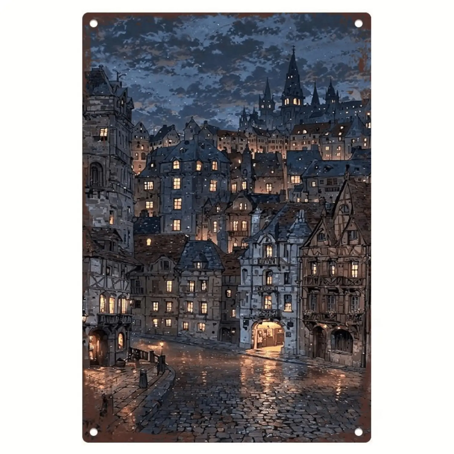 2D Plane - 1pc Vintage European Night Cityscape Iron Wall Decor - Iron Sheet European Architectural Painting, Suitable for Indoor/Outdoor, Hook-Type Vintage Architectural Decoration - Very Suitable for Living Room
