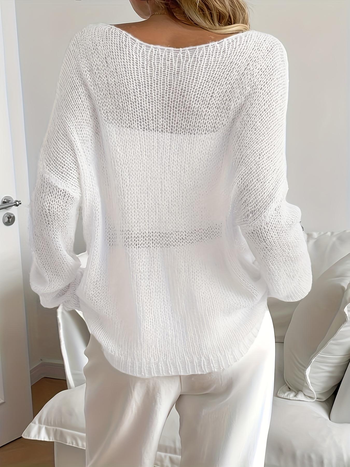 [Breathable Mesh Pullover] Women's Off-Shoulder Sweater - Breathable Mesh Panels & Relaxed Fit Long Sleeve Pullover for Spring/Summer, Elegant Semi-Sheer Loose Top with Medium Stretch, Chic Casual Wear, Seasonal Wardrobe, Stretchy Fabric, Summer Wardrobe