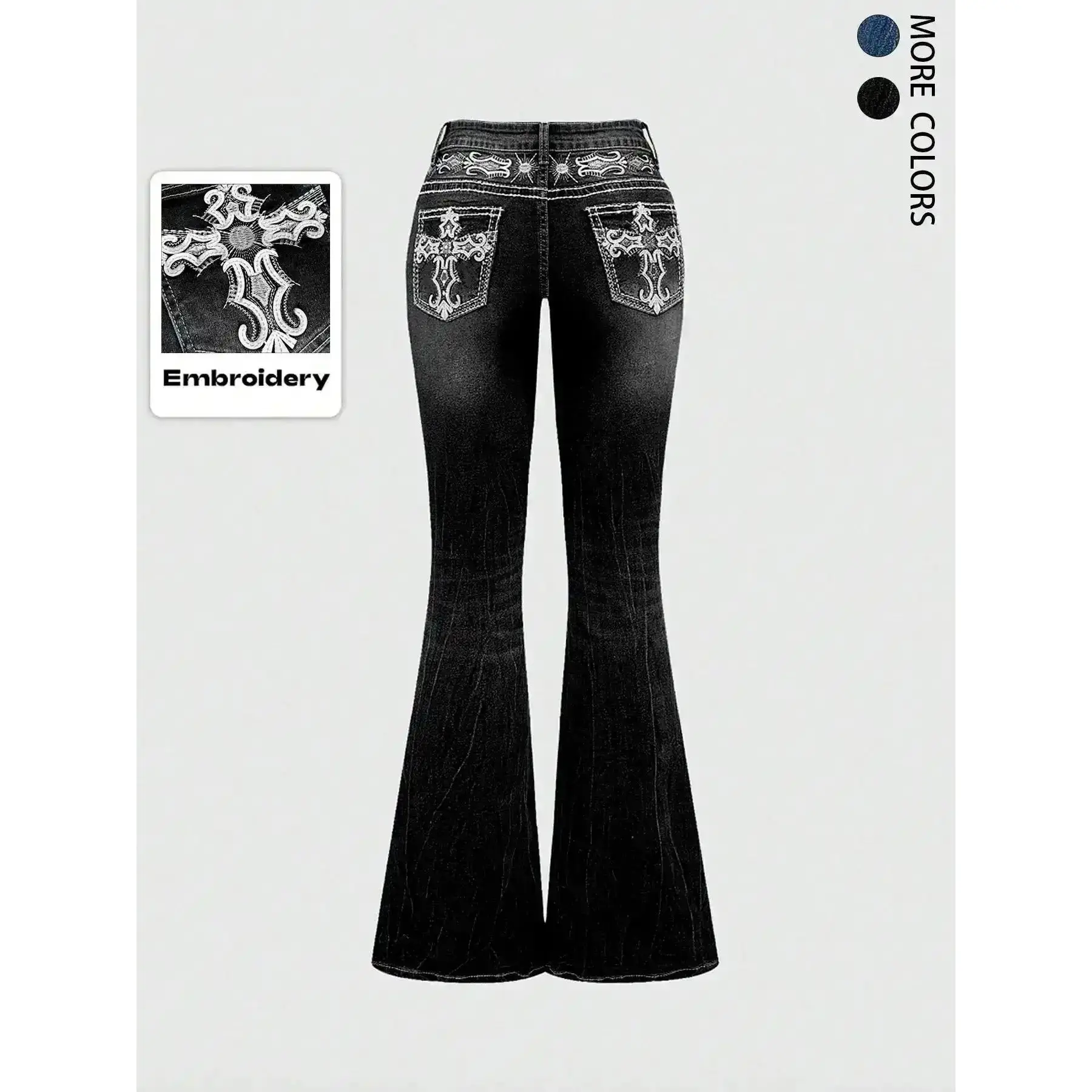 Grunge Punk Y2K Retro Pocket Cross Wings Embroidered Flare Leg Fitted Stretch Jeans 2026 Women's Bootcut Fashion Denim Vintage Low Rise    (Translation note: The text appears to be a product description of a pair of jeans, featuring multiple design elemen