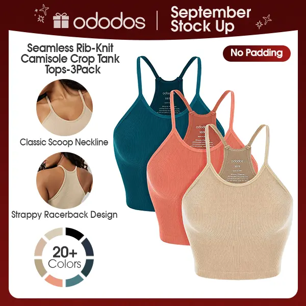 ODODOS Women's Crop 3-Pack Seamless U-Neck Y-Type Fitted Crop Tops - No Padding, Rib-Knit Camisole Tanks, 4-Way Stretchy Fabric for Yoga & Everyday Wear - Soft Lightweight Summer Design