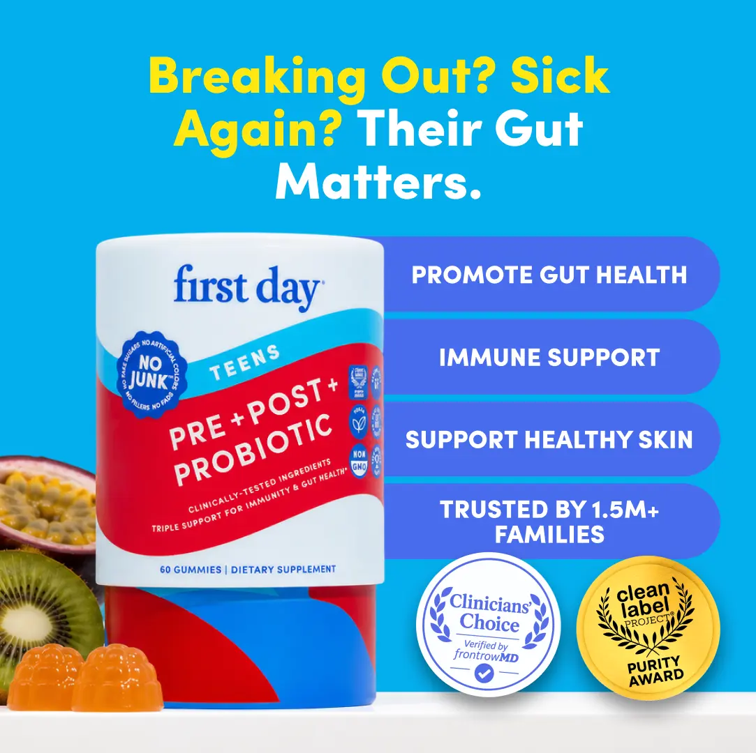 First Day Teen Tribiotic Gummies Ages 13-17, Natural Passionfruit Kiwi Flavor — Livaux Prebiotic, SNZ 1969 Probiotic, FloraSMART Postbiotic — Gut Health, Immunity, Clear Skin, Bloating Relief — 30-Day Supply, Vegan, Non-GMO, No Junk