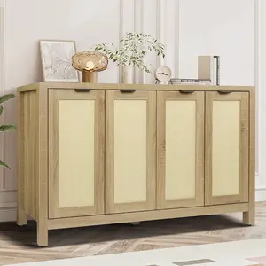 Rattan Sideboard Buffet Cabinet with Storage 4 Doors and Adjustable Shelves, Boho Large Kitchen Storage Cabinet Console Table for Living Room (Natural Wood)