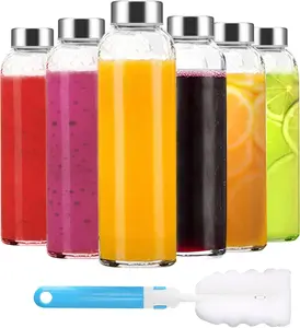 Clear Glass Bottles with Lids 18 oz, Reusable Glass Water Bottles with Stainless Steel Cap for Juicing,Refrigerator,100% Leak Proof