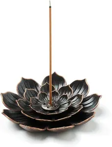 Lotus Brass Incense Burner with Detachable Ash Catcher Solid Zinc Alloy Incense Stick Holder for Sticks 5 Holes Aroma Stove for Home Office Meditation Room Accessory Fragrance