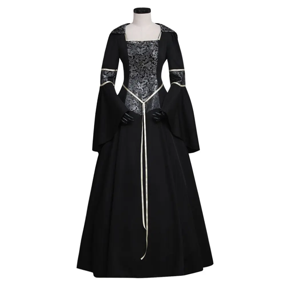 Women's European Medieval Gothic Polyester Costume Gown - Square Neckline, Adjustable Lace-Up Bell Sleeves, Flared Skirt Casual Dress for Women's Clothes, Elegant Fantasy Outfits, Elegance, Lady, Hand Wash, Medieval Look, Gothic Gown, Dark Elegance, Renai