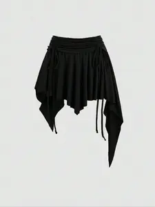 New Drawstring Waist Asymmetrical Ruffle Hem Mini Skirt Short Bottom Womenswear Ruffled